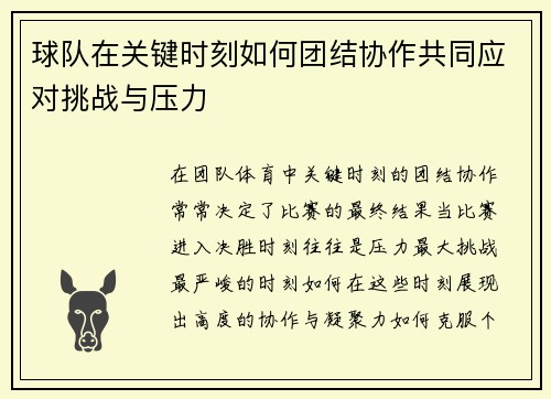 球队在关键时刻如何团结协作共同应对挑战与压力