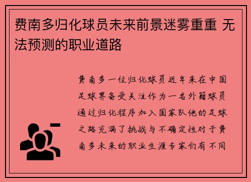 费南多归化球员未来前景迷雾重重 无法预测的职业道路